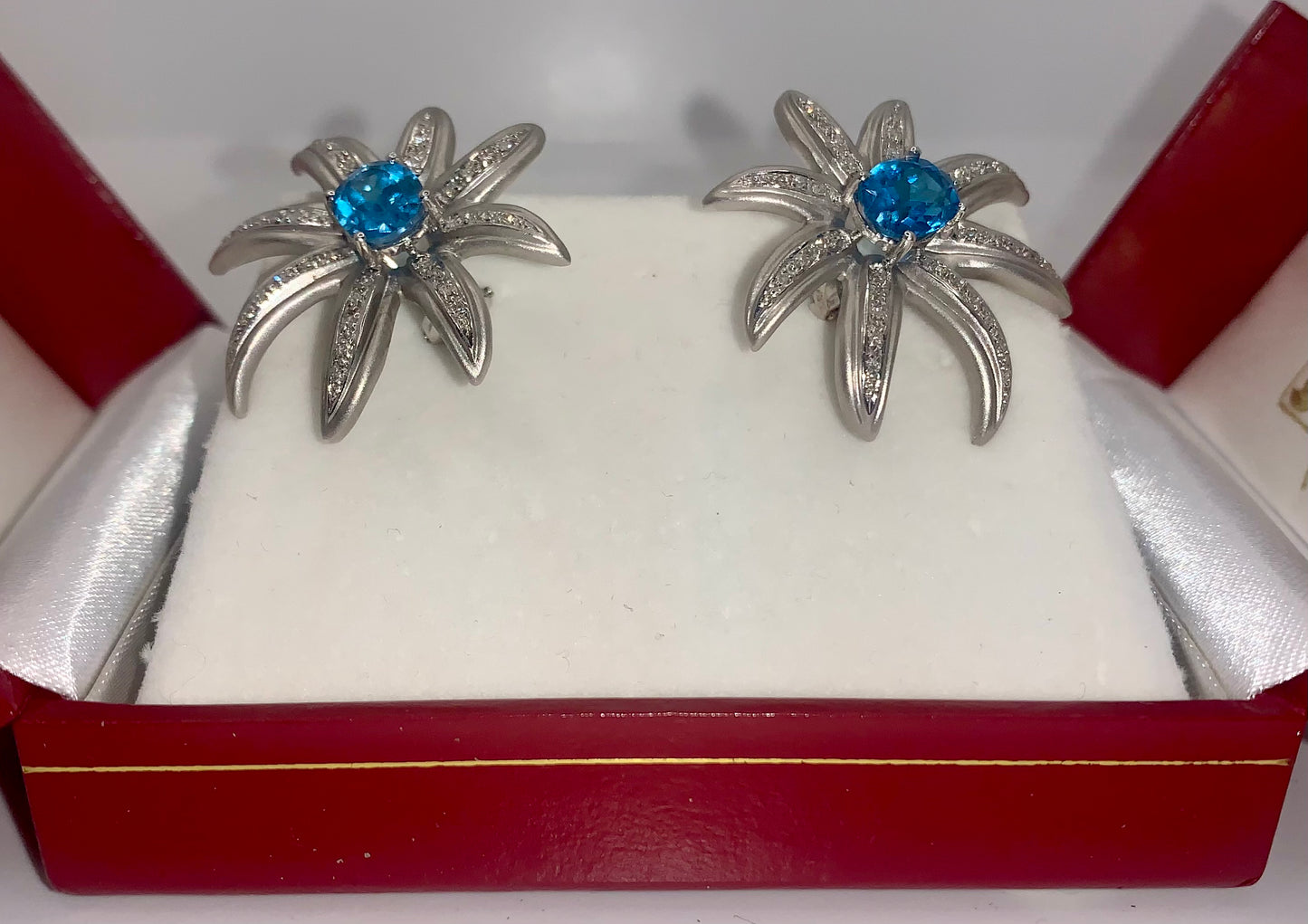 Royal Blue Topaz and Diamond Cluster Flower Earrings