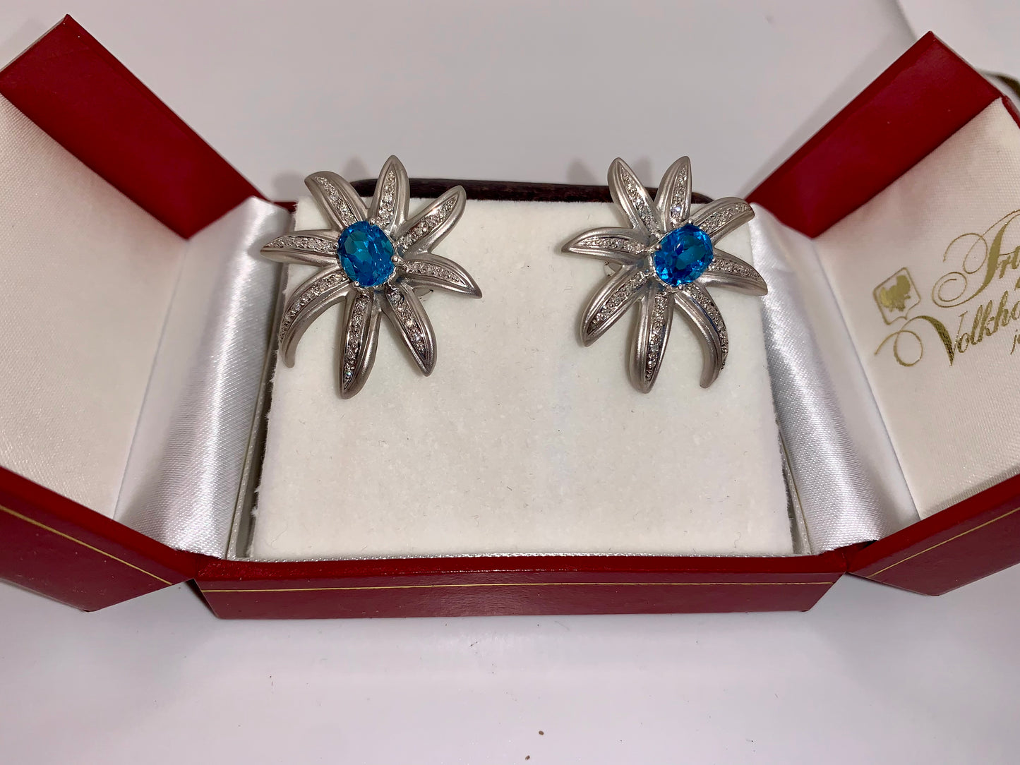 Royal Blue Topaz and Diamond Cluster Flower Earrings