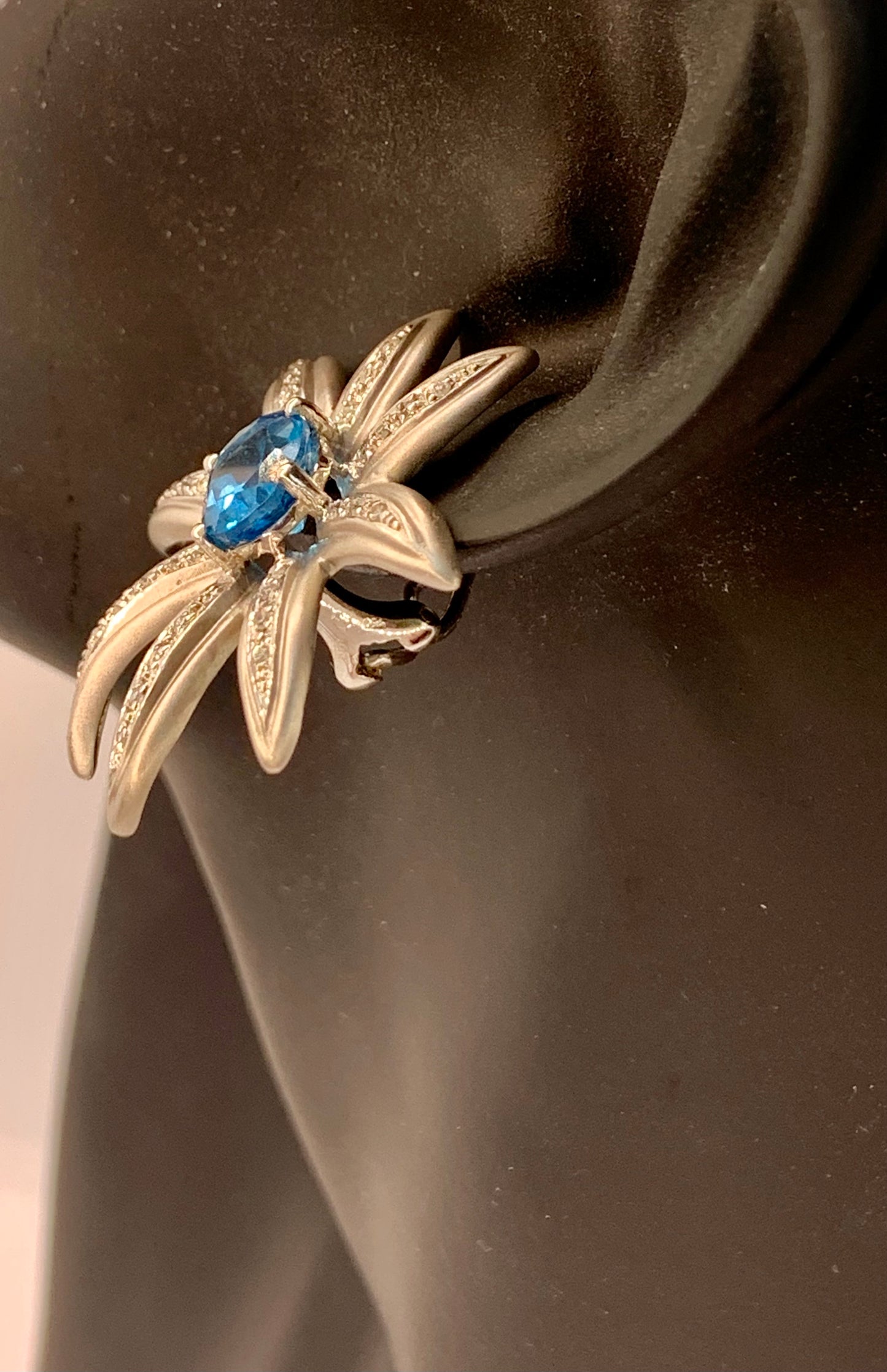 Royal Blue Topaz and Diamond Cluster Flower Earrings